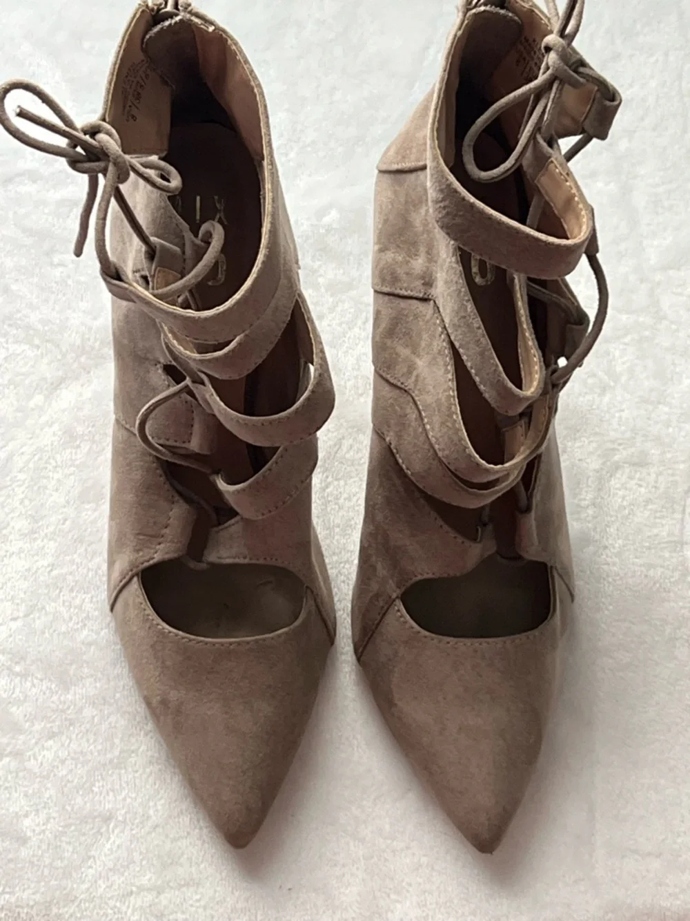 Mix No. 6 Taupe Suede Lace-Up Pointed Toe Stilettos, Size 8 - Picture 2 of 14